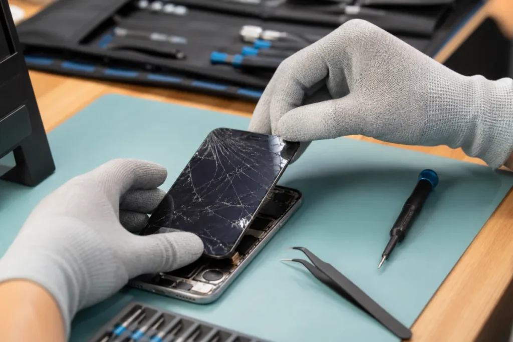 Technicien remplaçant un écran de téléphone fissuré à Joliette