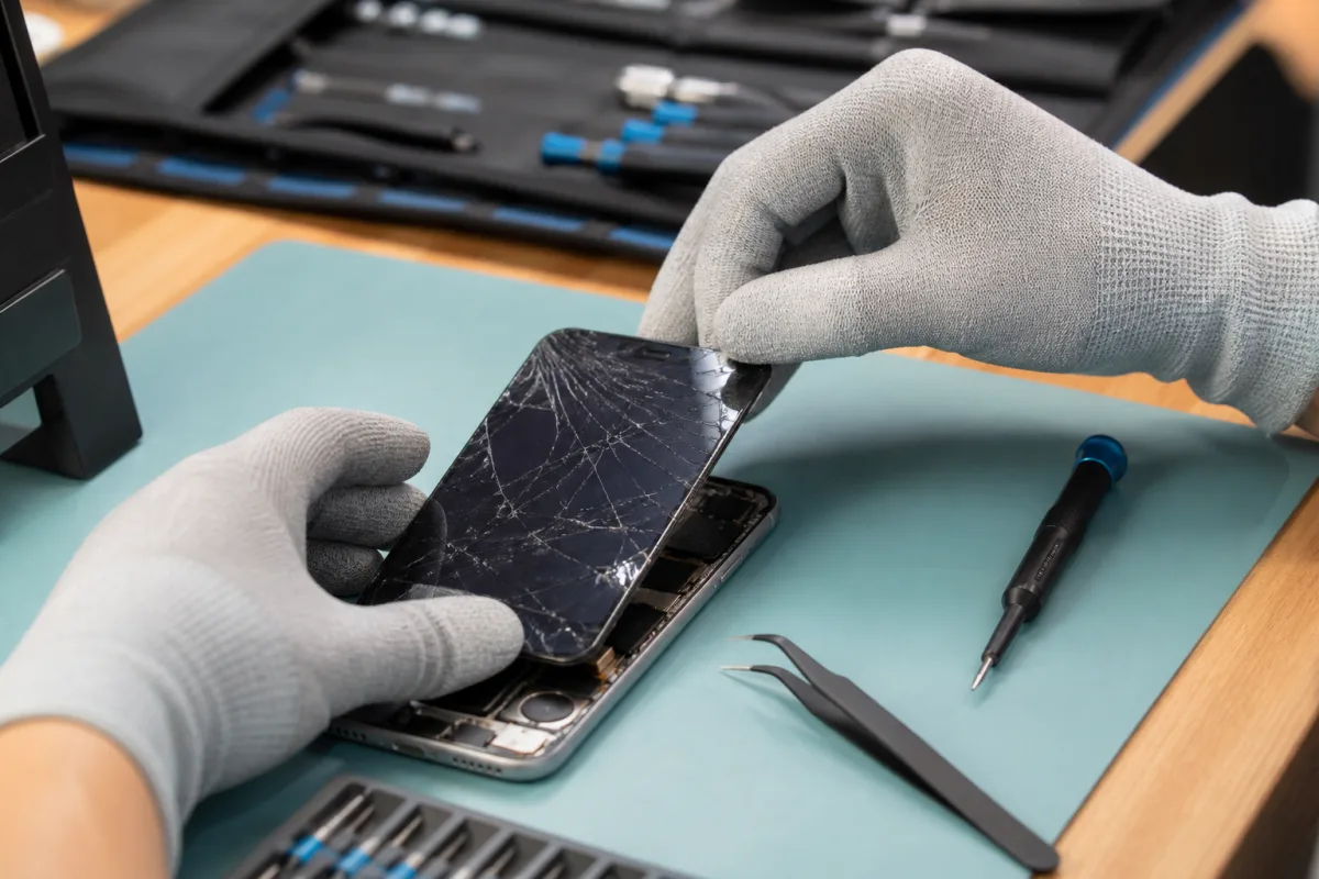 Technicien remplaçant un écran de téléphone fissuré à Joliette