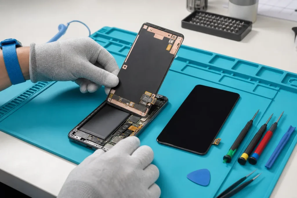Technicien installant un nouvel écran de téléphone Samsung à Joliette