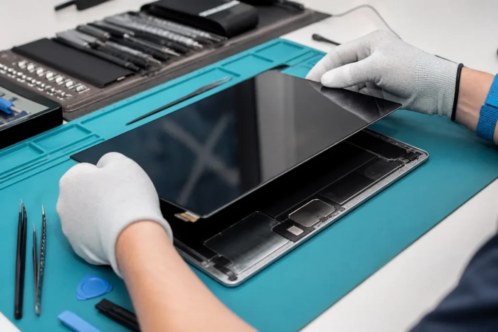 Remplacement de l’écran d’une tablette dans un atelier à Joliette