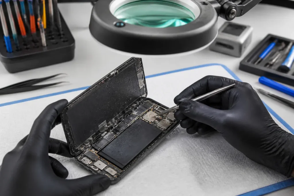 Inspection d’un téléphone endommagé par l’eau à Joliette