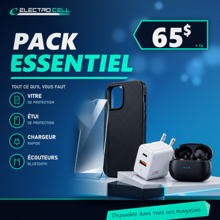 Pack Essentiel Electrocell à 65 $ : vitre de protection, étui, chargeur rapide et écouteurs Bluetooth, disponible dans tous nos magasins